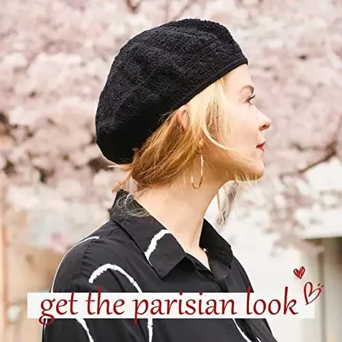 Womens Mens French Beret Hat - Hand Knit 100% Cotton Crochet Caps Girl Scouts-Bohemian Style Summer Beanie - 6