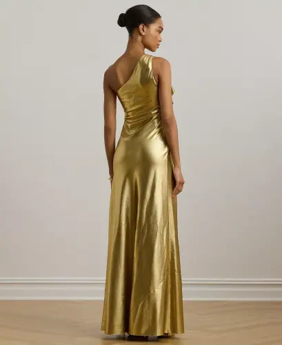 Women's Metallic Charmeuse One-Shoulder Gown-Gold - 4