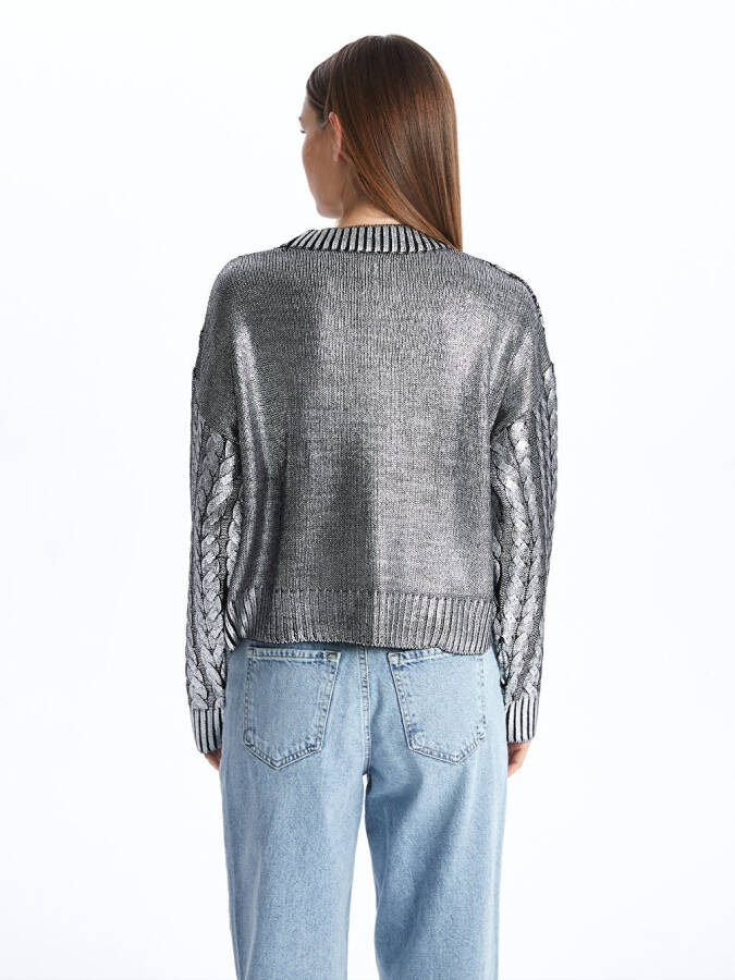 Women's Metallic Knit Sweater with Bike Neck and Self-Patterned Long Sleeves - 12