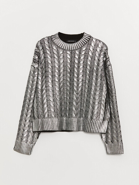 Women's Metallic Knit Sweater with Bike Neck and Self-Patterned Long Sleeves - 13