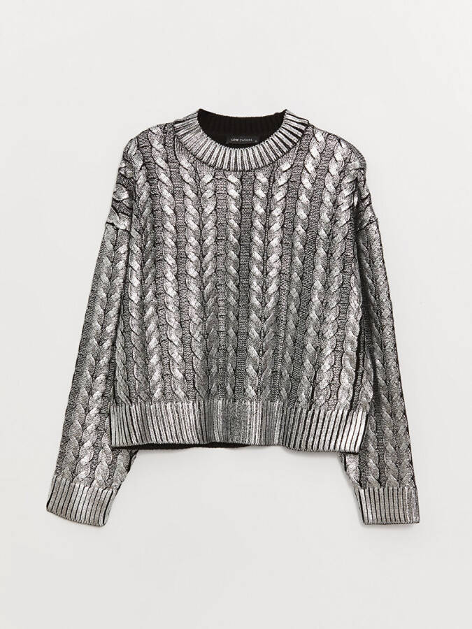 Women's Metallic Knit Sweater with Bike Neck and Self-Patterned Long Sleeves - 13