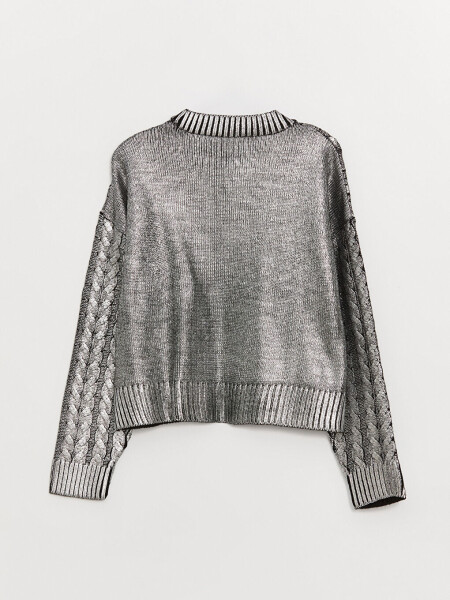 Women's Metallic Knit Sweater with Bike Neck and Self-Patterned Long Sleeves - 14