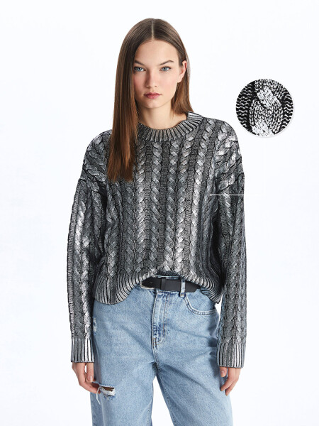 Women's Metallic Knit Sweater with Bike Neck and Self-Patterned Long Sleeves - 15