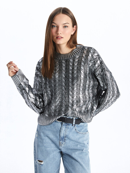 Women's Metallic Knit Sweater with Bike Neck and Self-Patterned Long Sleeves - 16