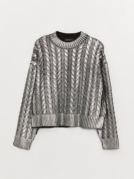 Women's Metallic Knit Sweater with Bike Neck and Self-Patterned Long Sleeves - 20