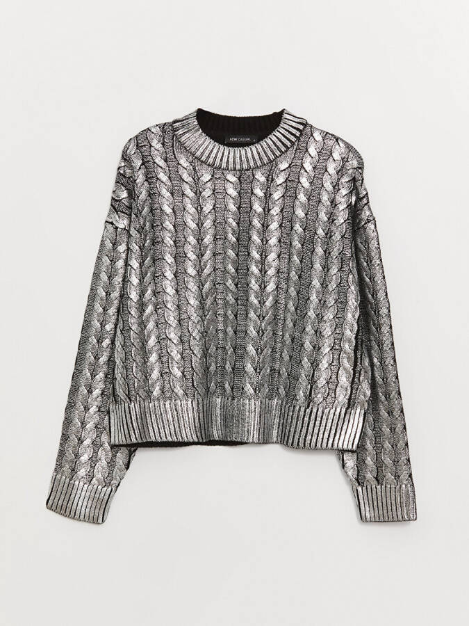 Women's Metallic Knit Sweater with Bike Neck and Self-Patterned Long Sleeves - 20