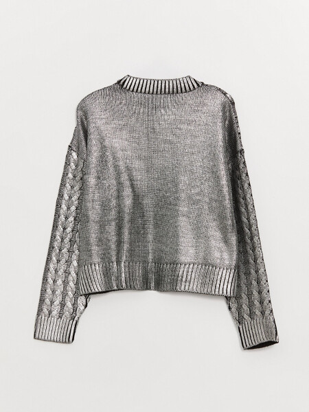 Women's Metallic Knit Sweater with Bike Neck and Self-Patterned Long Sleeves - 21