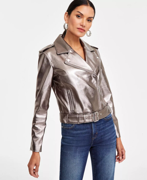 Women's Metallic Moto Jacket, Created for Modazone Gunmetal - 1