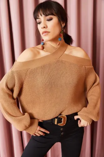 Women's Milk Coffee Crossover Neck Knit Sweater KZK-19000192-MILK COFFEE 