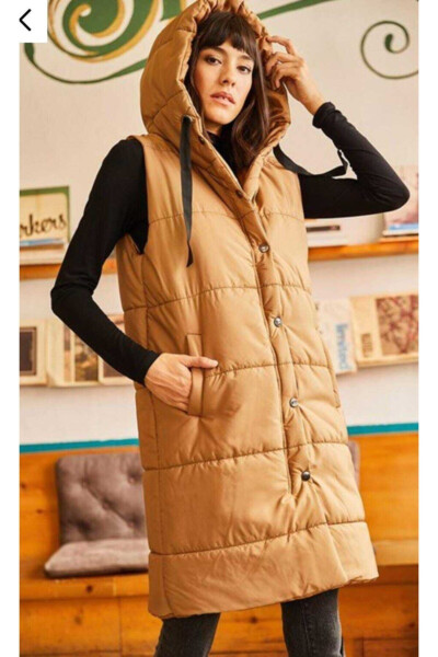 Women's Milk Coffee Hooded Pocket Puffer Vest YLK-19000007 - 1