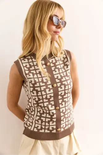 Women's Mink Button Detailed Geometric Patterned Knitwear - 3