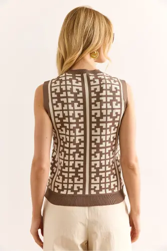 Women's Mink Button Detailed Geometric Patterned Knitwear - 4