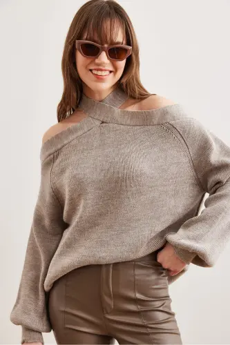 Women's Mink Cross Collar Knitted Sweater KZK-19000192-Mink - 11