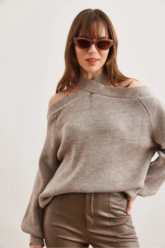 Women's Mink Cross Collar Knitted Sweater KZK-19000192-Mink - 14