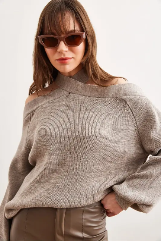 Women's Mink Cross Collar Knitted Sweater KZK-19000192-Mink - 2