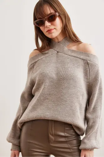 Women's Mink Cross Collar Knitted Sweater KZK-19000192-Mink - 4