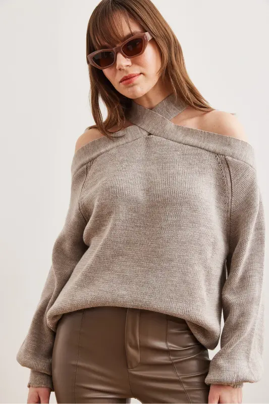 Women's Mink Cross Collar Knitted Sweater KZK-19000192-Mink - 4