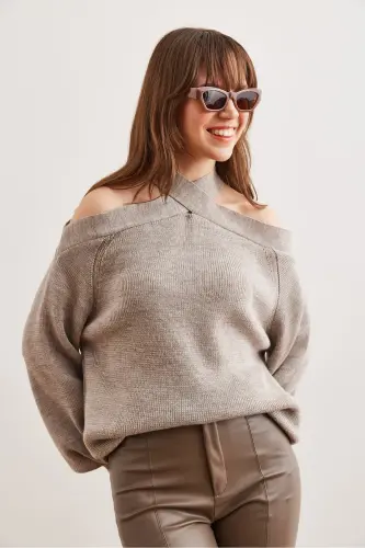 Women's Mink Cross Collar Knitted Sweater KZK-19000192-Mink - 5