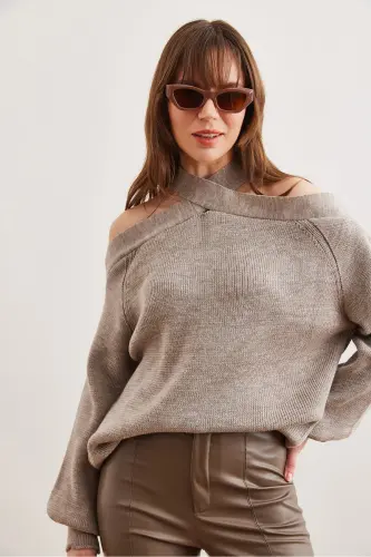 Women's Mink Cross Collar Knitted Sweater KZK-19000192-Mink - 6