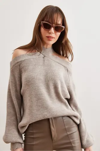 Women's Mink Cross Collar Knitted Sweater KZK-19000192-Mink - 7