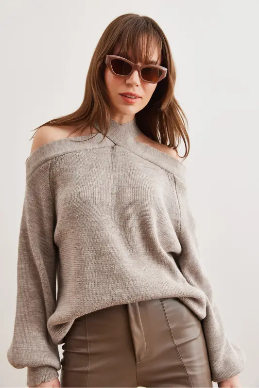 Women's Mink Cross Collar Knitted Sweater KZK-19000192-Mink - 7