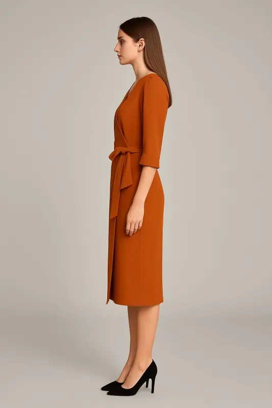 Women's Mink Crossover Wrap Three Quarter Sleeve Crepe Chic Dress-Orange - 2