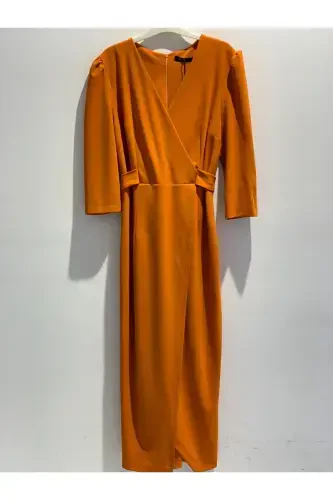 Women's Mink Crossover Wrap Three Quarter Sleeve Crepe Chic Dress-Orange - 1