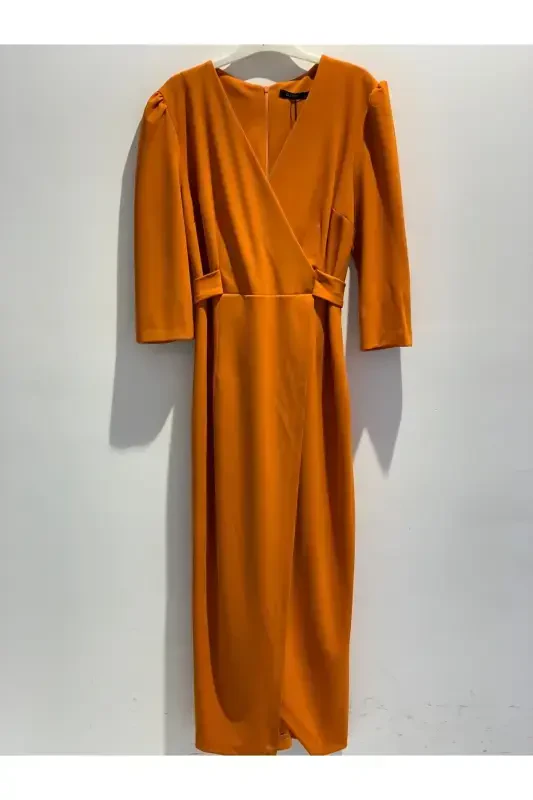 Women's Mink Crossover Wrap Three Quarter Sleeve Crepe Chic Dress-Orange - Modazone
