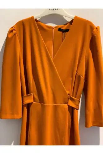 Women's Mink Crossover Wrap Three Quarter Sleeve Crepe Chic Dress-Orange - Modazone (1)
