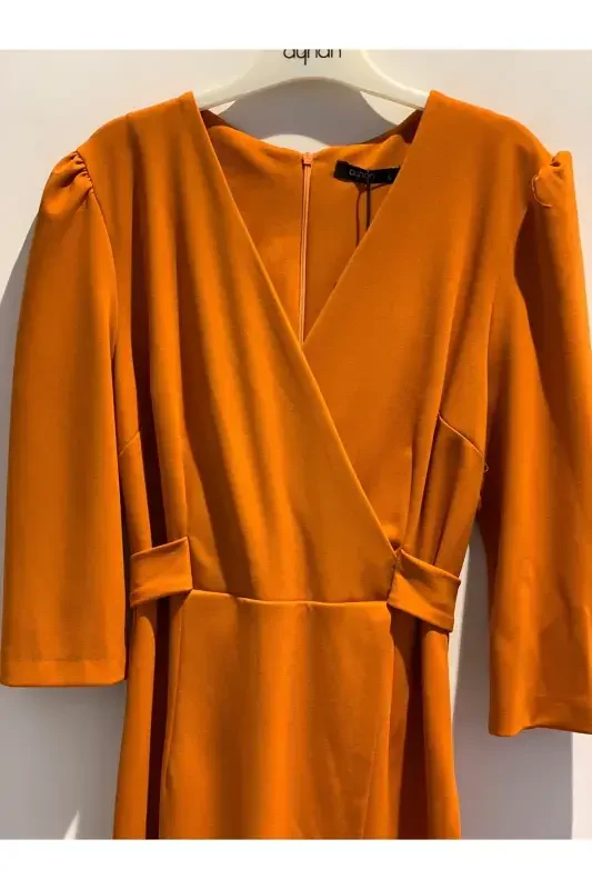 Women's Mink Crossover Wrap Three Quarter Sleeve Crepe Chic Dress-Orange - 2