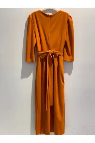 Women's Mink Crossover Wrap Three Quarter Sleeve Crepe Chic Dress-Orange - 3