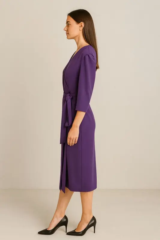 Women's Mink Crossover Wrap Three Quarter Sleeve Crepe Chic Dress-Purple - 2