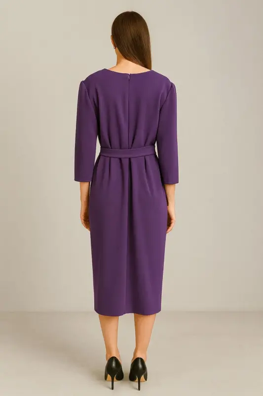 Women's Mink Crossover Wrap Three Quarter Sleeve Crepe Chic Dress-Purple - 3