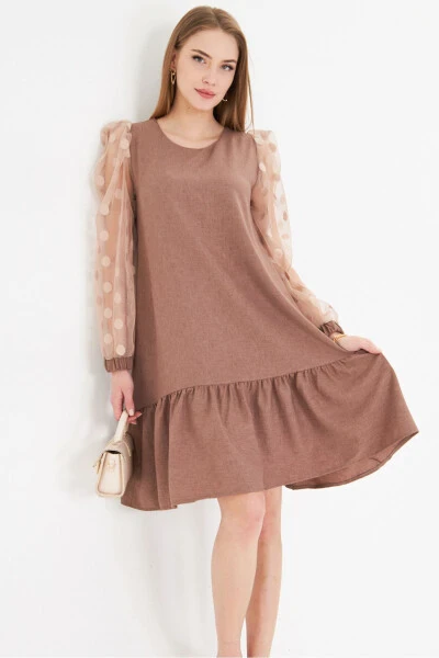 Women's Mink Dress with Tulle Sleeves and Six-Tiered Ruffle Bottom ARM-25 - ARMONIKA