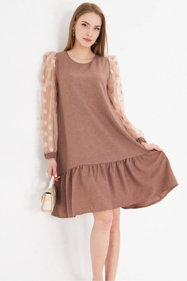 Women's Mink Dress with Tulle Sleeves and Six-Tiered Ruffle Bottom ARM-25 - 1