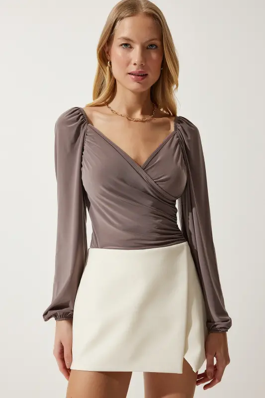Women's Mink Elastic Balloon Sleeve Sandy Knitted Blouse FF00154-Mink - 3