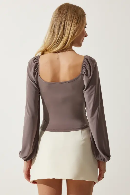 Women's Mink Elastic Balloon Sleeve Sandy Knitted Blouse FF00154-Mink - 5
