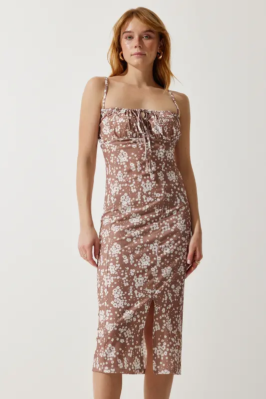 Women's Mink Floral Slit Summer Knitted Dress CI00029-Mink - 2