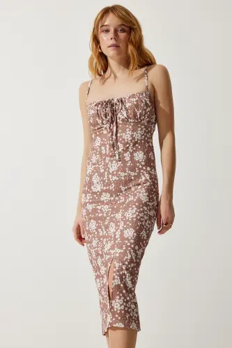 Women's Mink Floral Slit Summer Knitted Dress CI00029-Mink - 3
