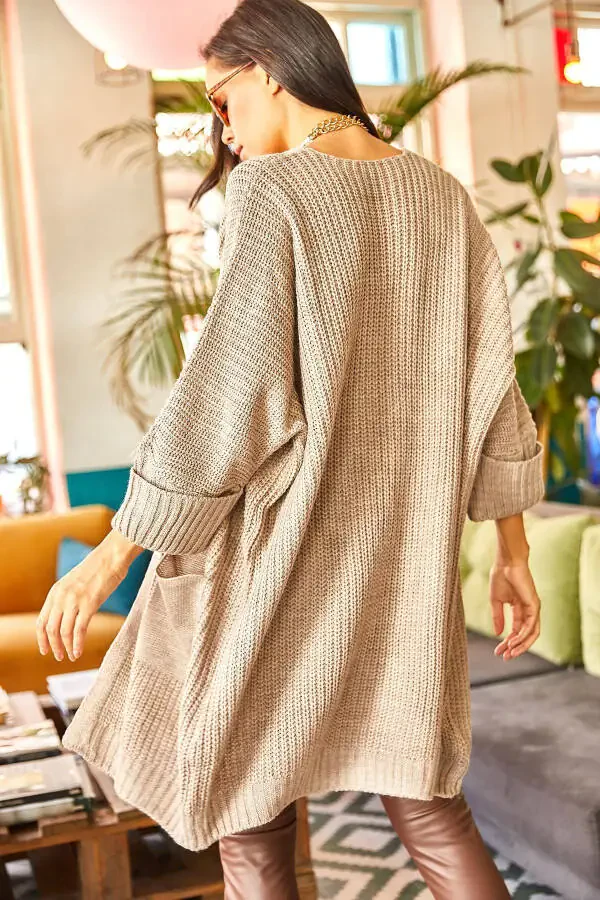 Women's Mink Fold Sleeve Pocket Oversized Cardigan HRK-19000123 - 7