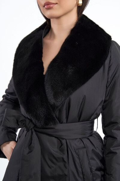 Women's Mink Fur English Collar Belt Tie Regular Short Coat - 5