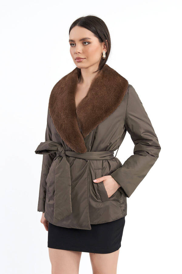 Women's Mink Fur English Collar Belt Tie Regular Short Coat - 9