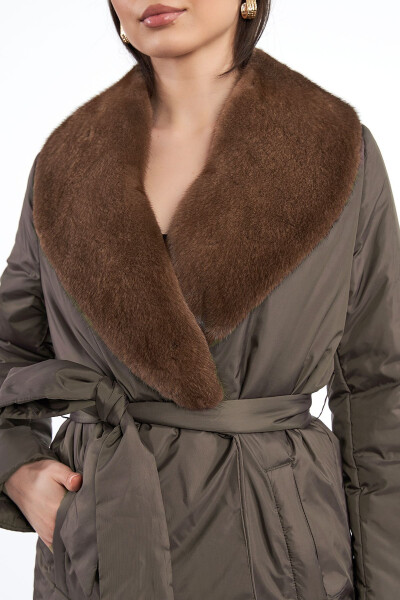 Women's Mink Fur English Collar Belt Tie Regular Short Coat - 5