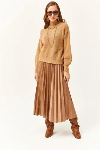 Women's Mink Leather Look Pleated Bell Skirt ETK-190 - 4