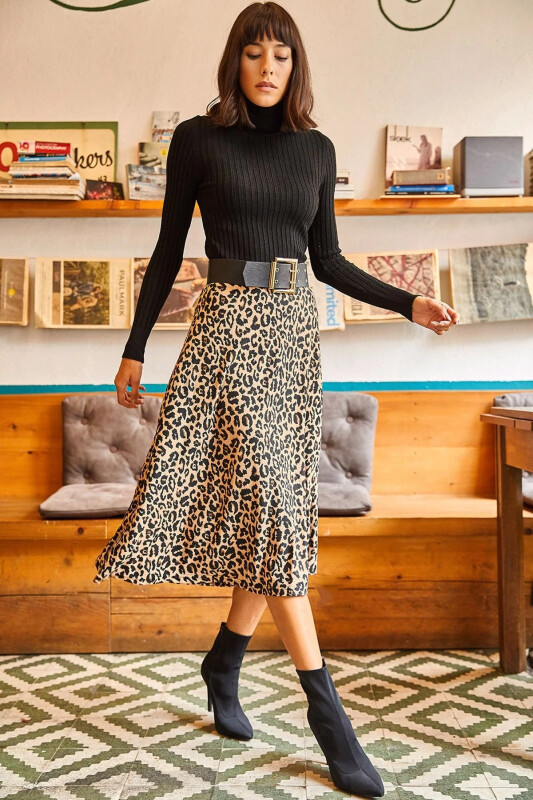 Women's Mink Leopard Elastic Waist Suede Textured Bell E - OLALOOK