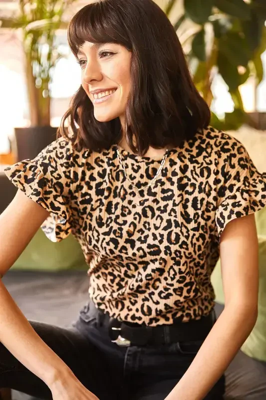 Women's Mink Leopard Ruffle Sleeve Bustier T-Shirt T - 3