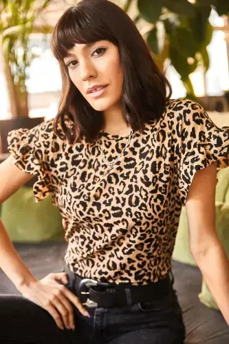 Women's Mink Leopard Ruffle Sleeve Bustier T-Shirt T - 4