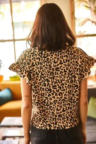 Women's Mink Leopard Ruffle Sleeve Bustier T-Shirt T - 5