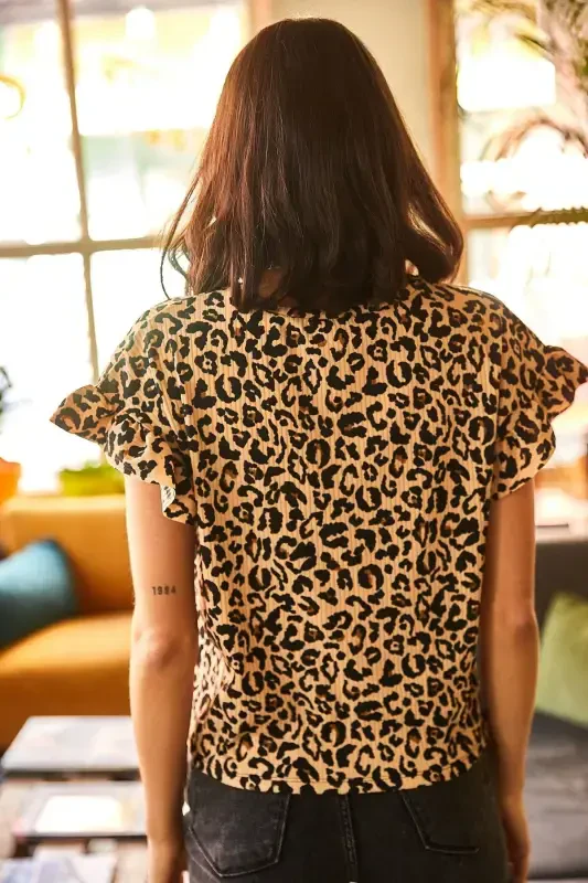 Women's Mink Leopard Ruffle Sleeve Bustier T-Shirt T - 5