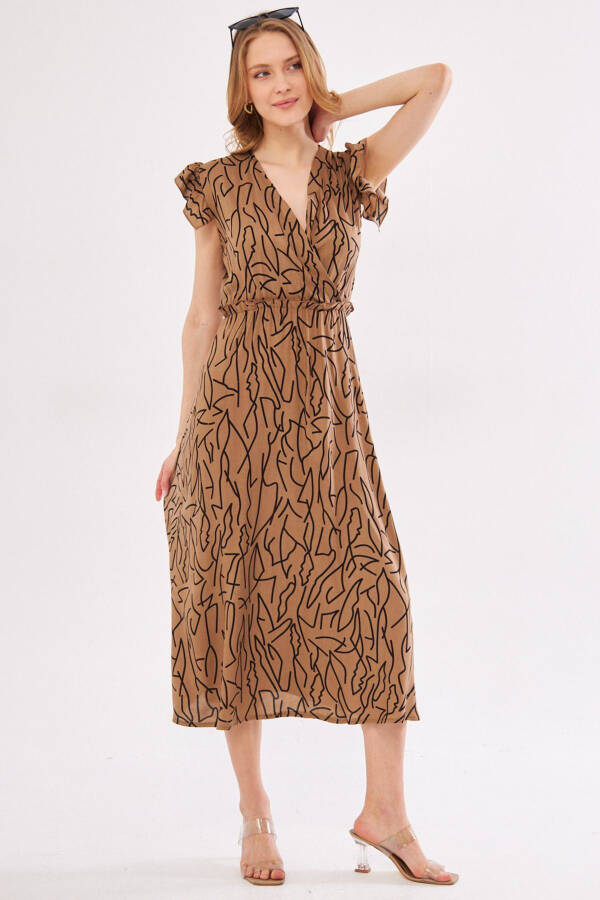 Women's Mink Midi Dress with Wrap Neck, Frill Detail on Shoulder, Elastic Waist ARM-24Y001020 - 4